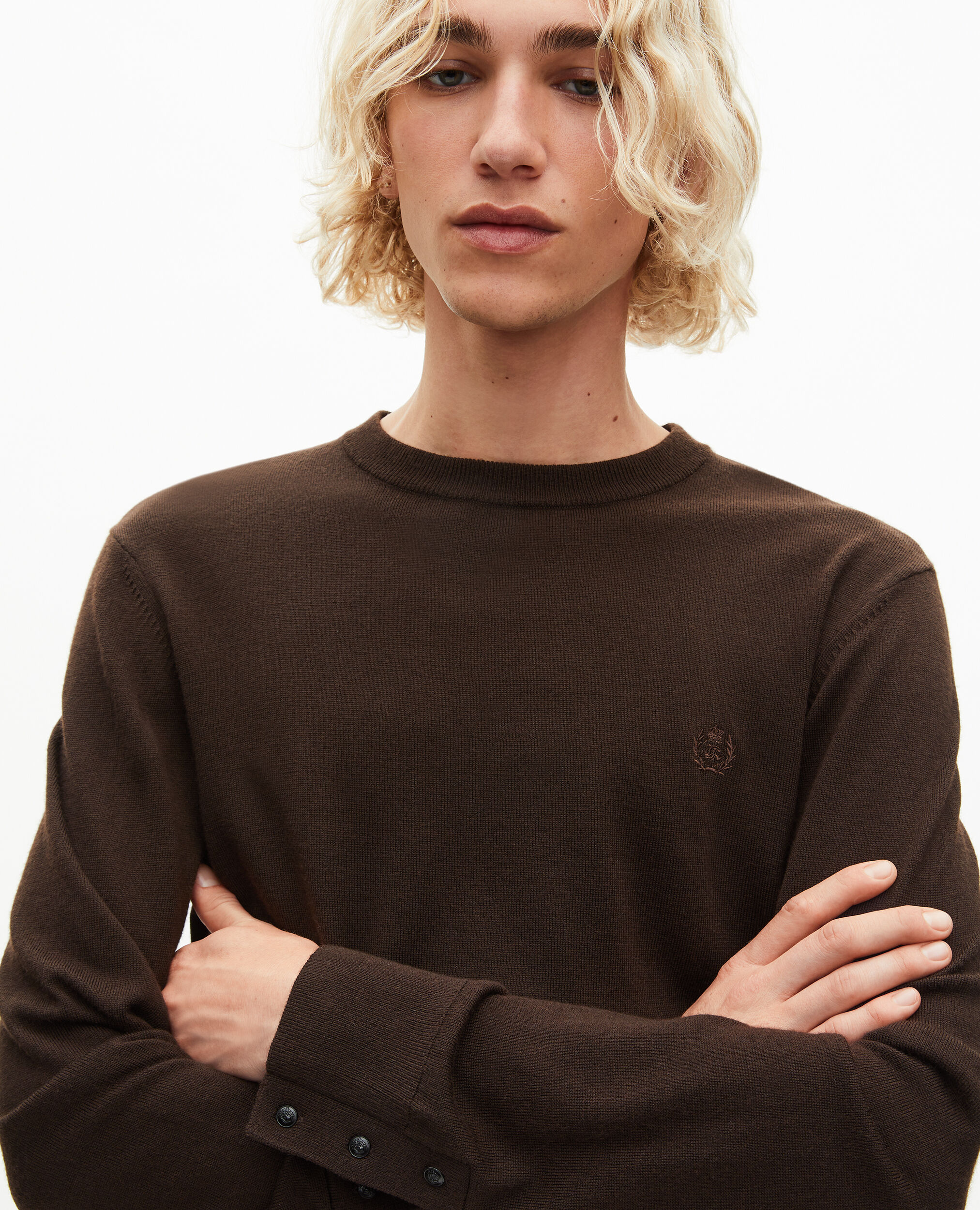 Pull col rond en laine mérinos marron