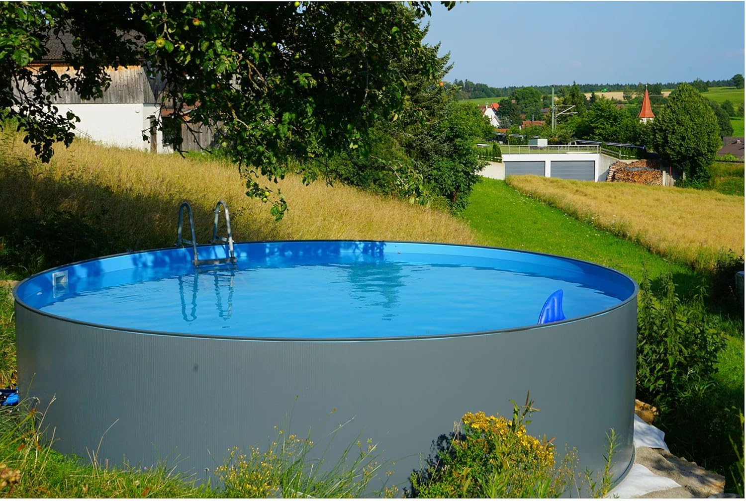 Summer Fun Stahlwandpool rund Größe wählbar, 120cm tief, Stahl 0,4mm anthrazit, Folie 0,4mm blau, Einhängebiese 450