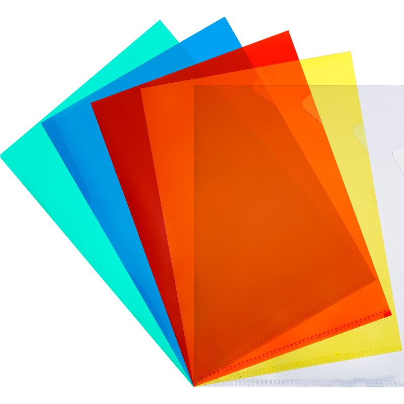 Chemise coin plastique Bruneau A4 PVC 15/100e transparente couleurs assorties - Paquet de 100