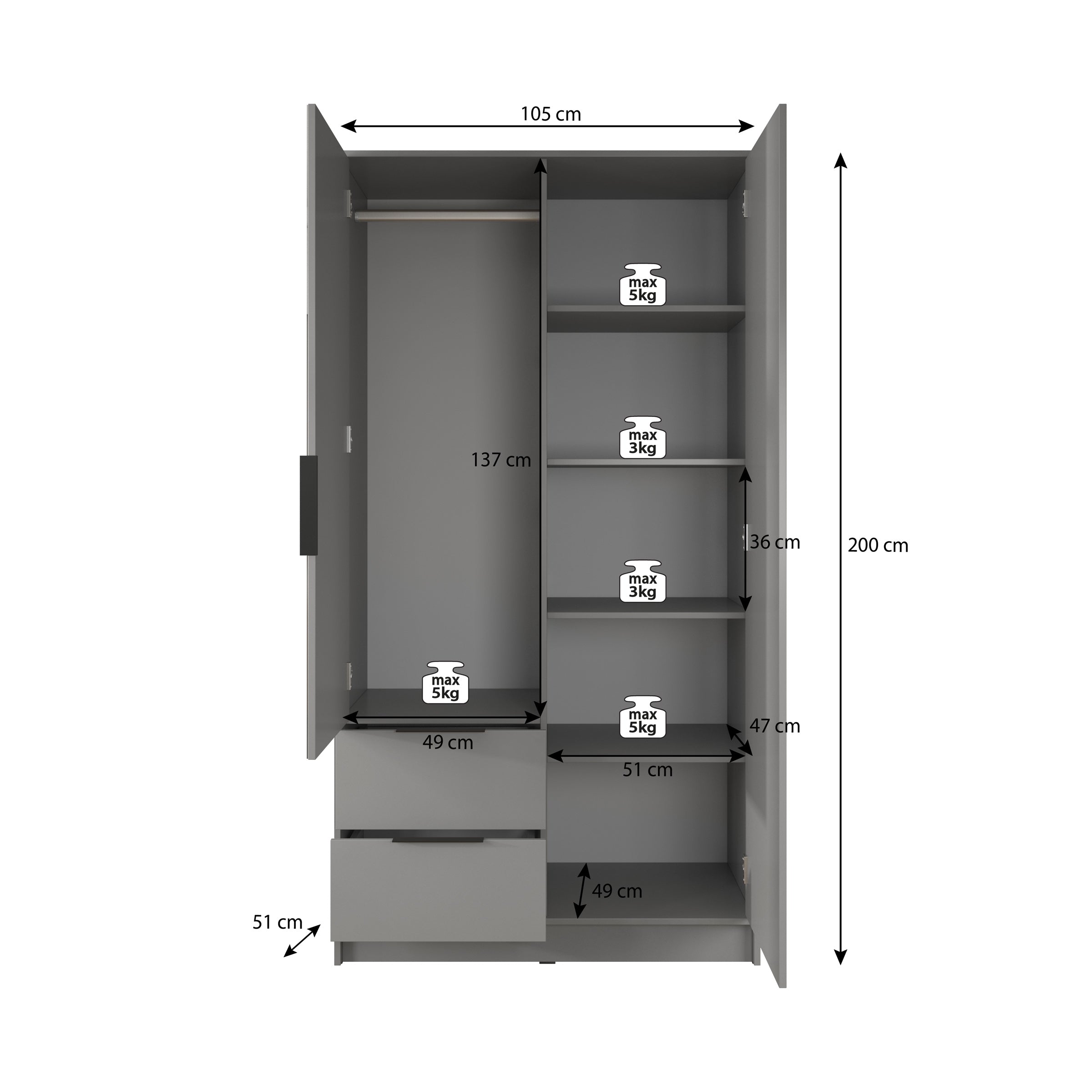 Nairobi - Kledingkast 2-deurs - Antraciet/eiken - 105x51x200 cm