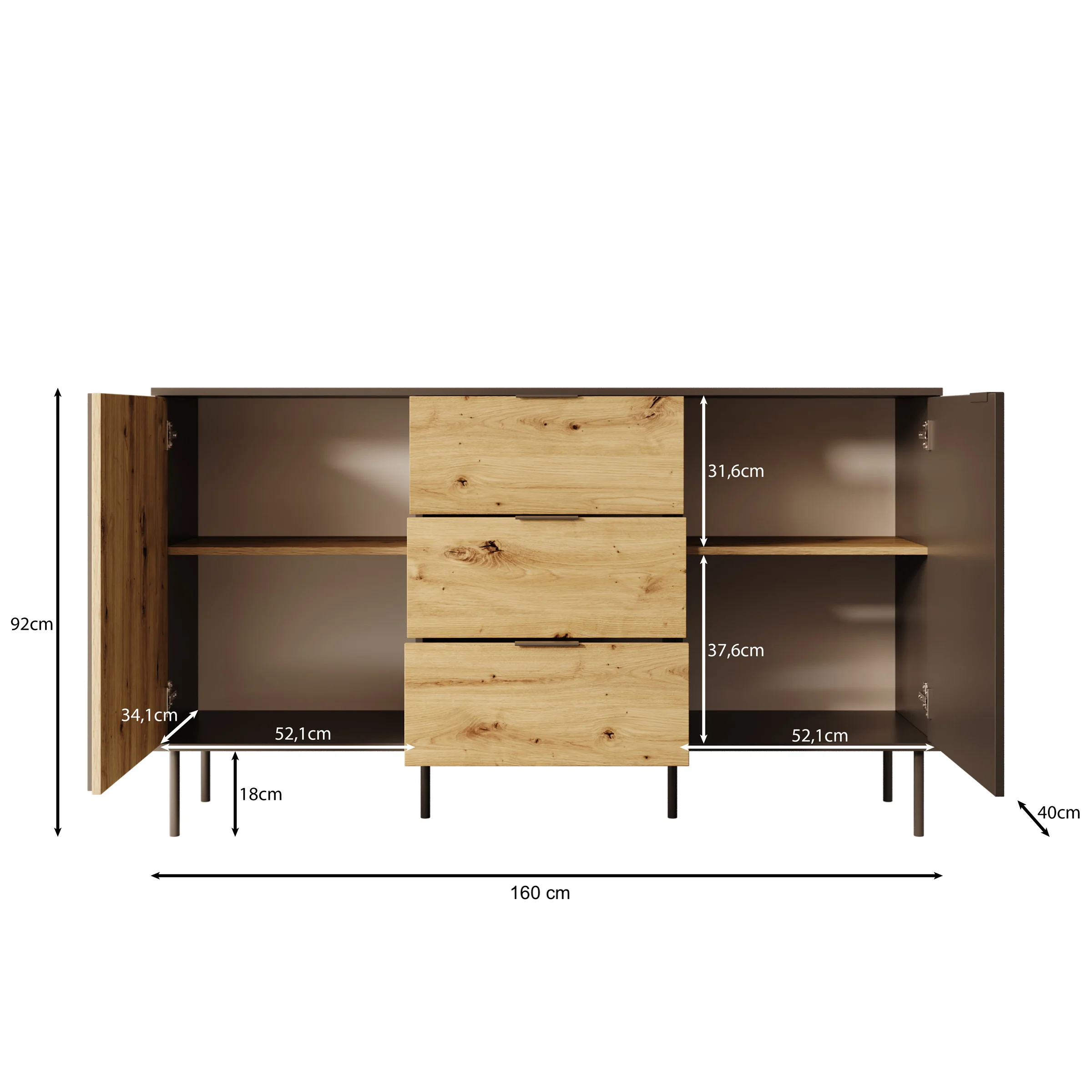 Meubella - Rogan - Dressoir - Zwart - 160x40x92 cm