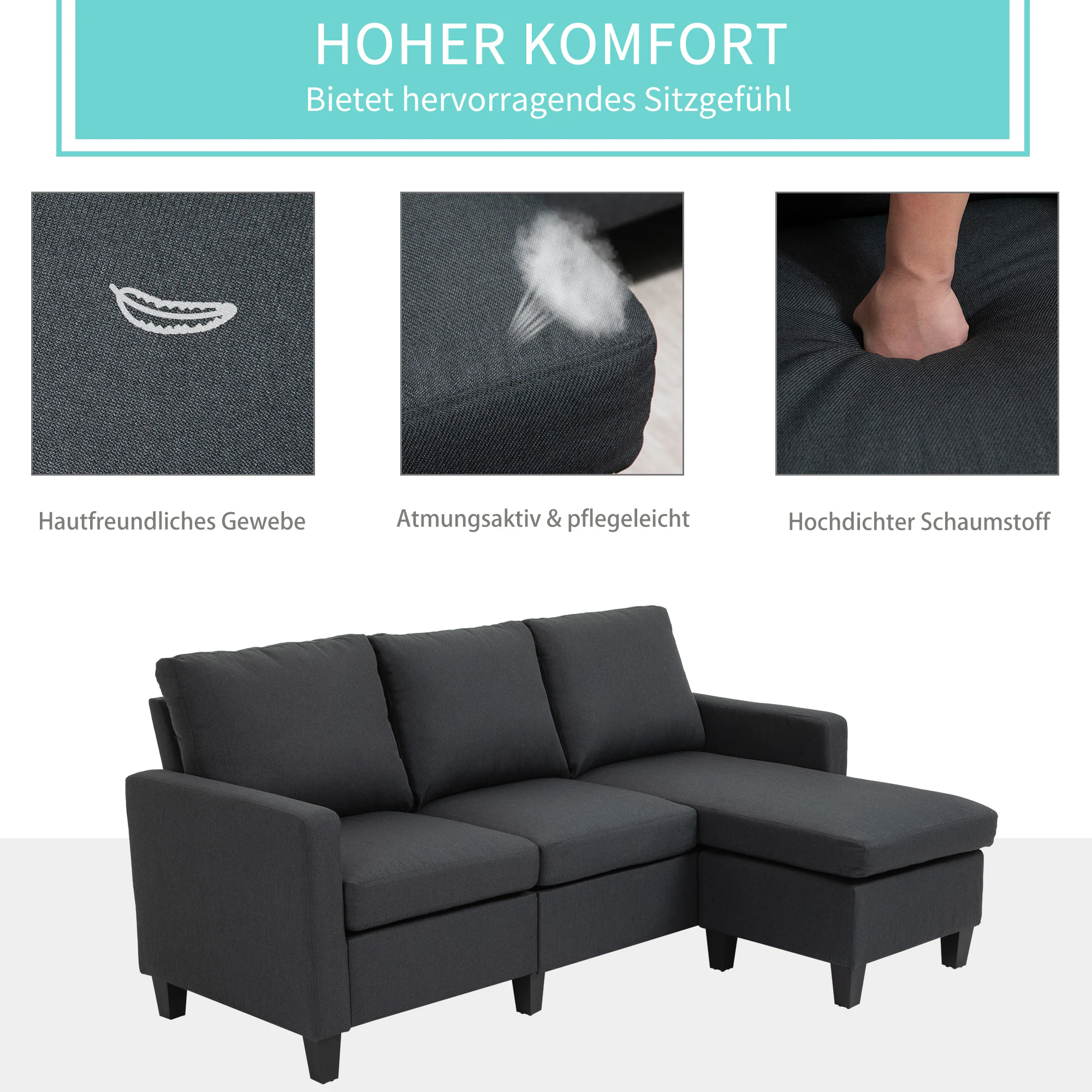 HOMCOM 3-Sitzer-Sofa mit zwei Liegesesseln und einer Chaiselounge 197 x 139 x 91 cm (BxTxH)