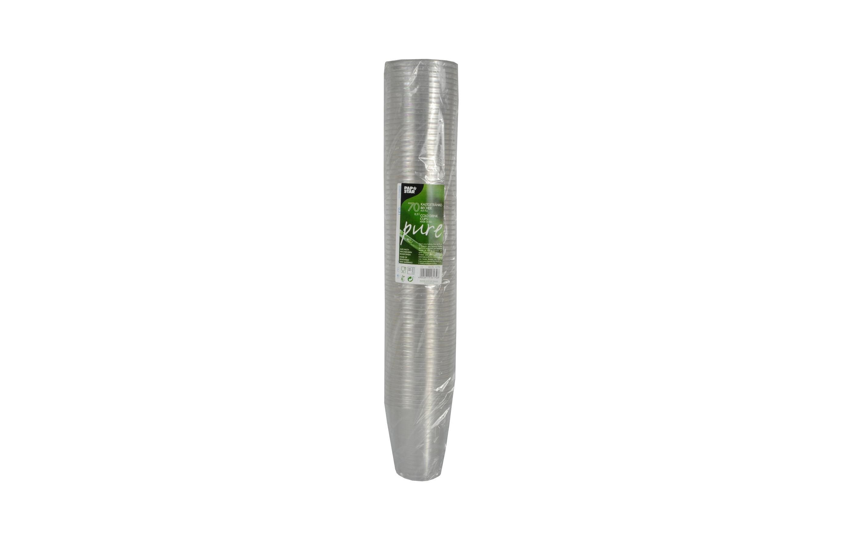 Einwegbecher Pure 300 ml 70 Stück, TransparentGlasklarer Trinkbecher aus Bio-Kunststoff (PLA)