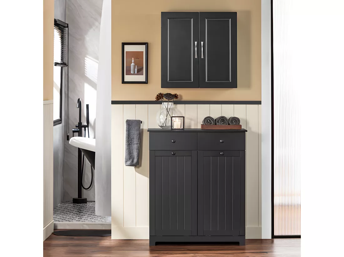 SoBuy Meuble Bas de Salle de Bain Armoire Toilette avec 2 Tiroirs et 2 Paniers à Linge Meuble de Rangement Coffre à Linge L78xP38xH91cm, Noir, BZR33-SCH