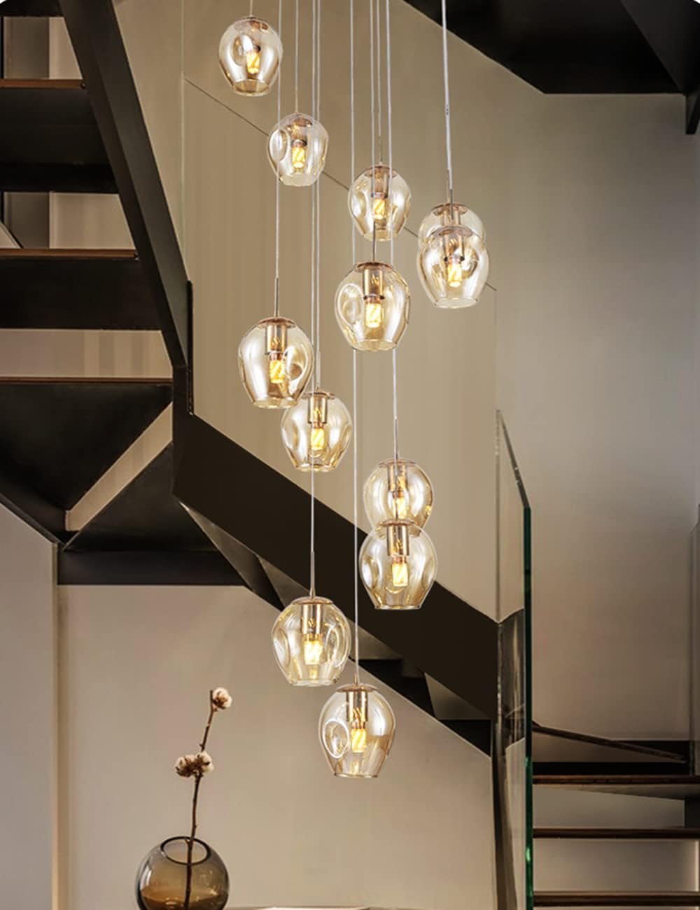Pendelleuchte 10 Flammig Treppenhaus Glaskugeln Lampe Lang Decke Hängelampe,Längenverstellbare Hängeleuchte Kugelleuchte,Kugel Glas Hängend Deckenleuchte für Galerie,Treppenspirale,Flur