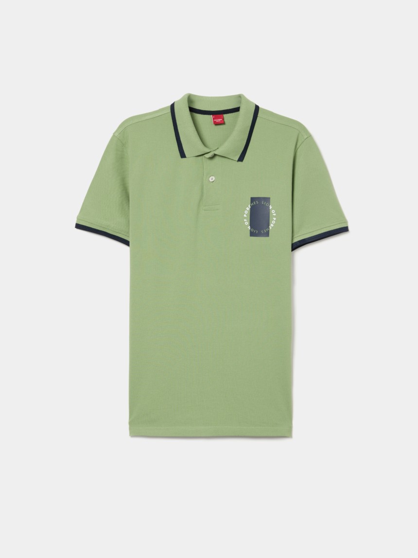 Polo piqué com riscas e estampado
