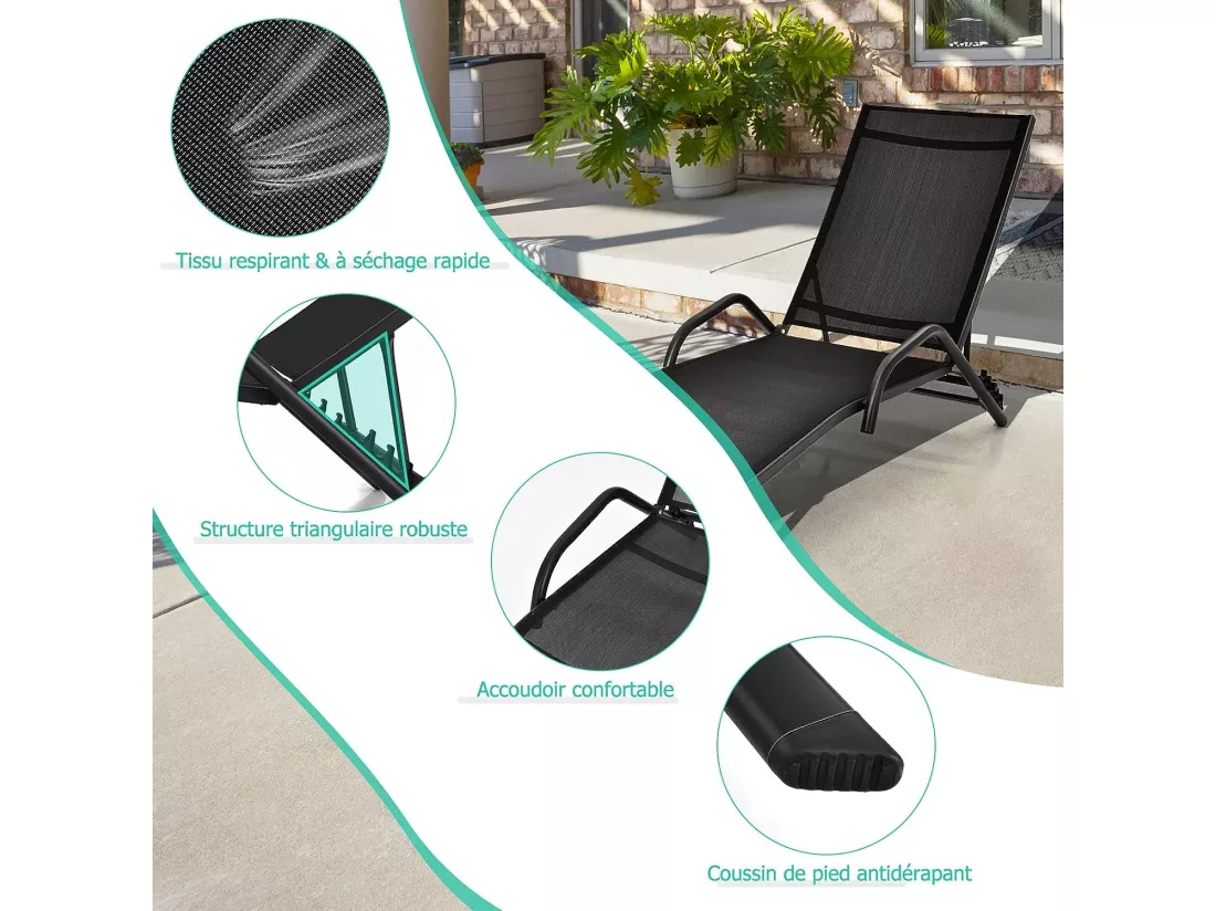 Lot de 2 Bains de Soleil Inclinables d'Extérieur avec Accoudoirs et Dossier Réglable à 5 Positions, Charge 150 kg, Noir