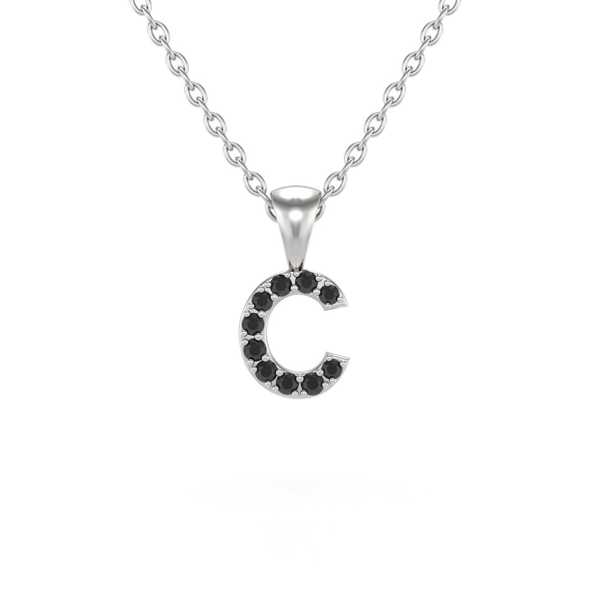 Collier Pendentif ADEN Lettre C Or 750 Blanc Diamant Noir Chaine Or 750 incluse 0.72grs