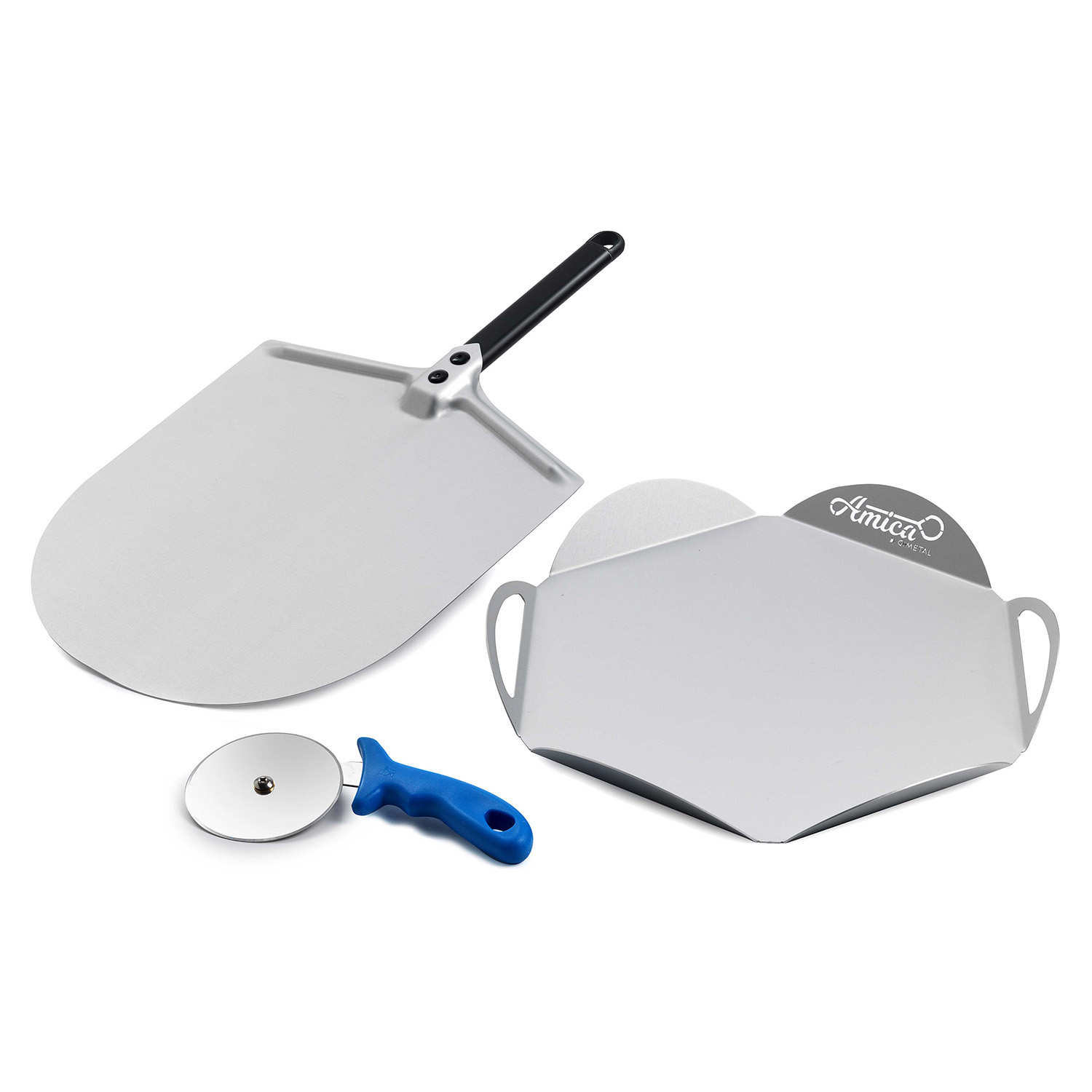 Kit pizza inox haute qualité : pelle à pizza 30cm, plateau de service et roulette découpe