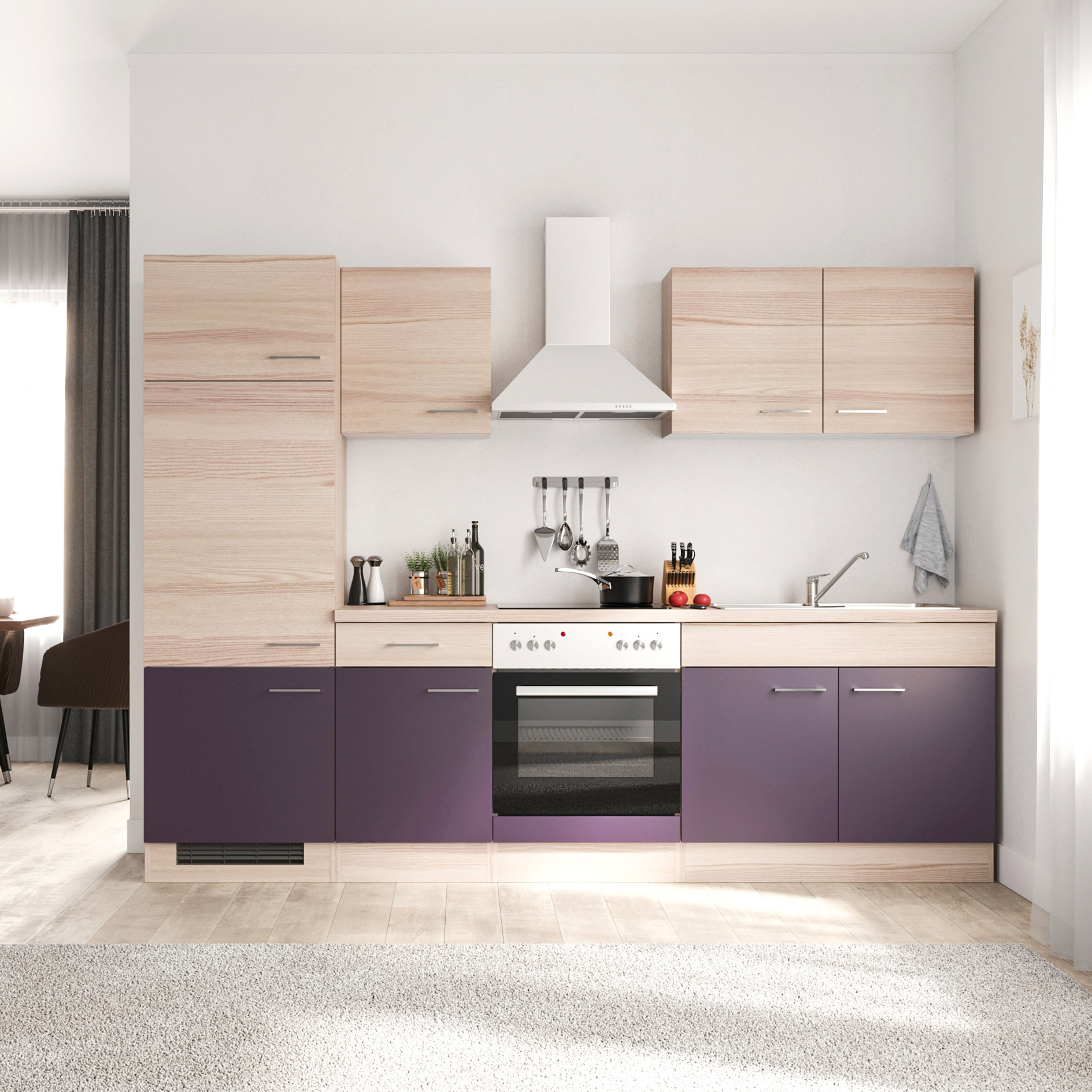 Küchenblock FOCUS - Akazie - aubergine - mit E-Geräten - 270 cm