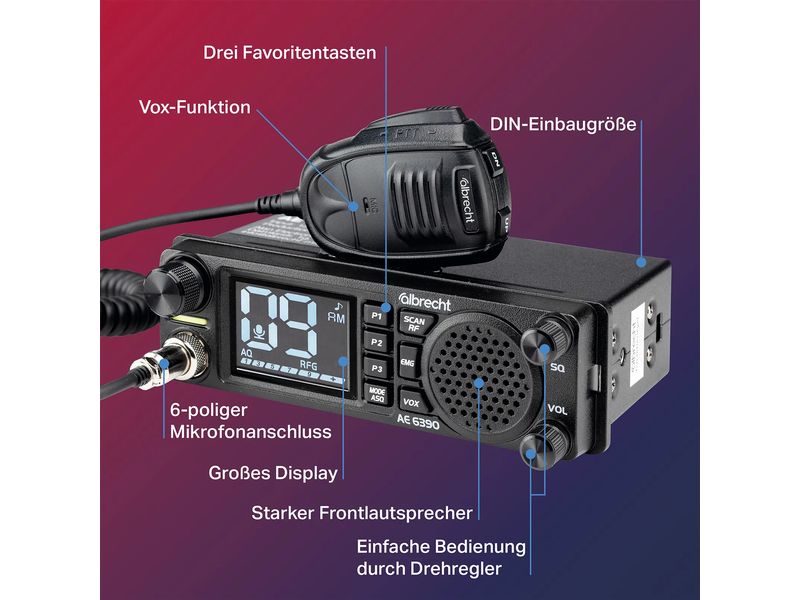 Albrecht CB Funkgerät AE6390, 12 V/24 V, 4 Watt, AM / FM CB-Funkgerät mit 2.4“ Display, Frontlautsprecher und Freisprechfunktion