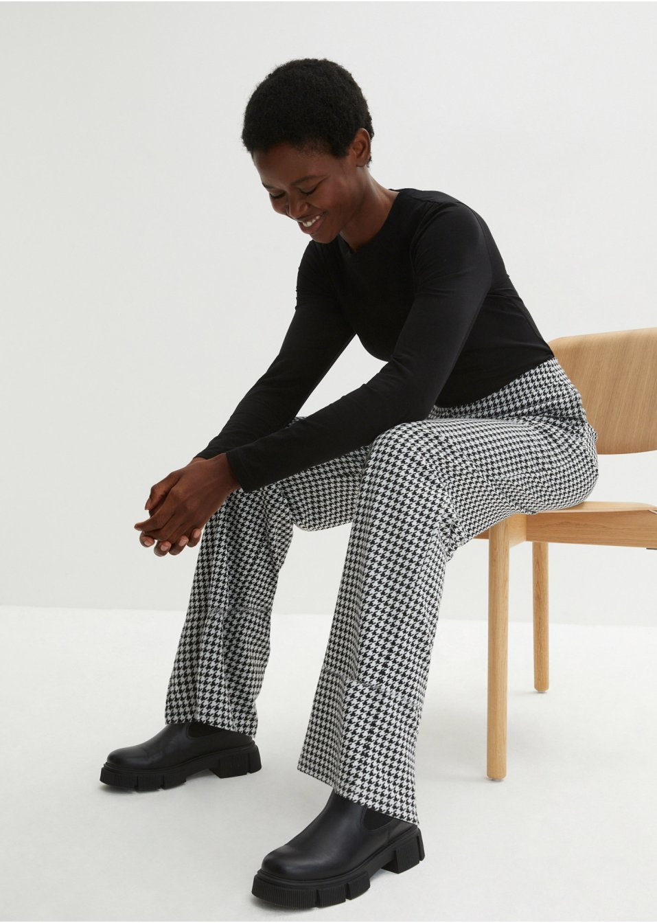 Pantalon extensible à motif pied-de-poule, Wide leg