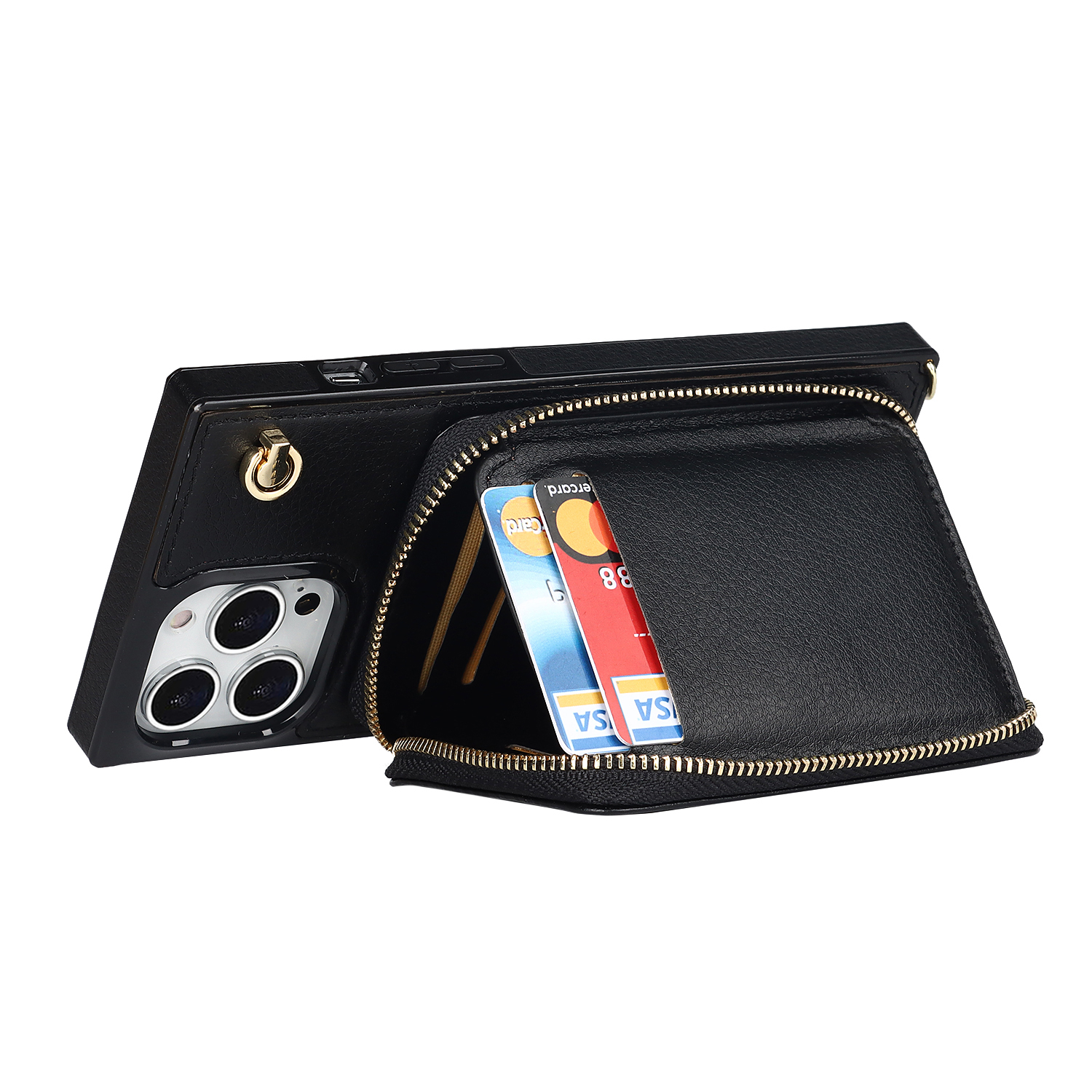 iPhone 13 Pro Necklace Leder Schutz Hülle mit Kartenfächer   Handykette (140cm) - Schwarz