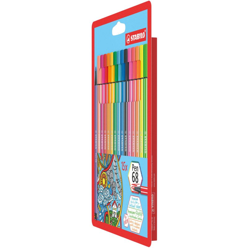 Feutre Stabilo Pen 68 coloris assortis dont 5 fluo - Pochette de 15