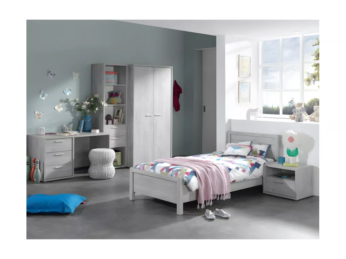 Bureau enfant robuste 3 tiroirs collection MATHEO coloris gris effet bois