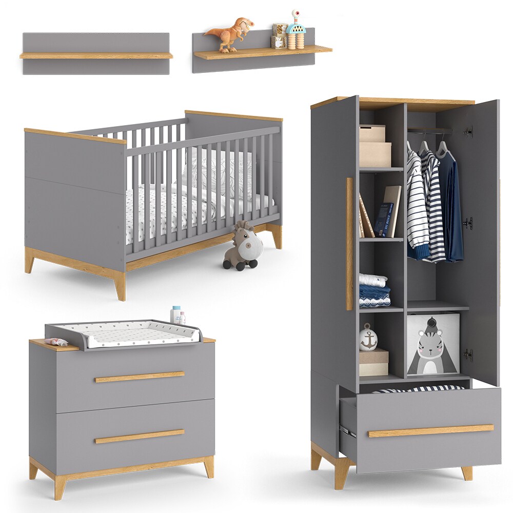 VitaliSpa Babymöbel Set Malia Grau Eiche Wickelkommode Wandregal Kinderbett Kleiderschrank Kinderzimmermöbel Wickelauflage Aufbewahrung Lattenrost Rausfallschutz Kleiderstange