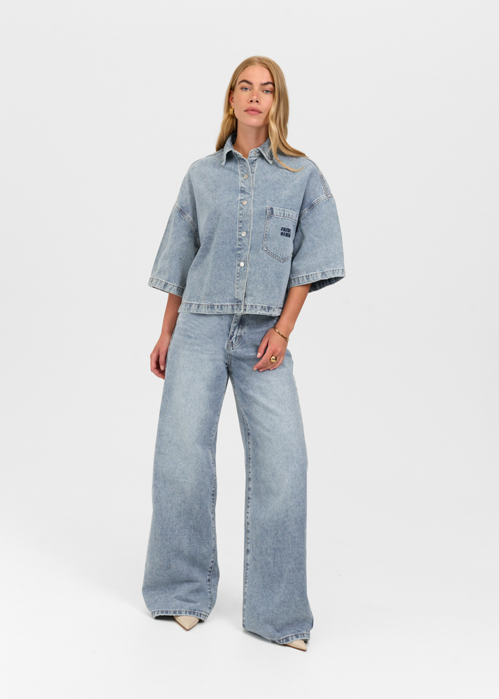 Denim blouse korte mouw sea blauw