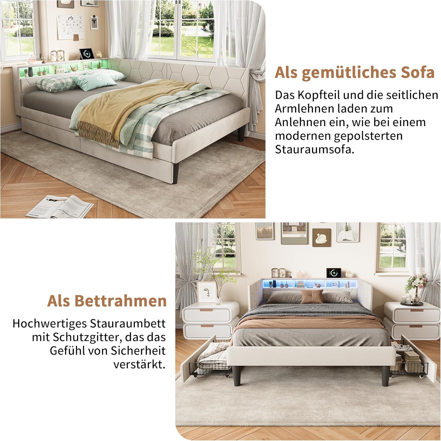 Polsterbett 140x200,doppelbett mit Lattenrost,Verformbares Funktionsbett mit Stauraum Kopfteil,Bettgestell 140x200,tagesbett mit 2 Schubladen,ohne Matratze (Beige, 140x200cm)