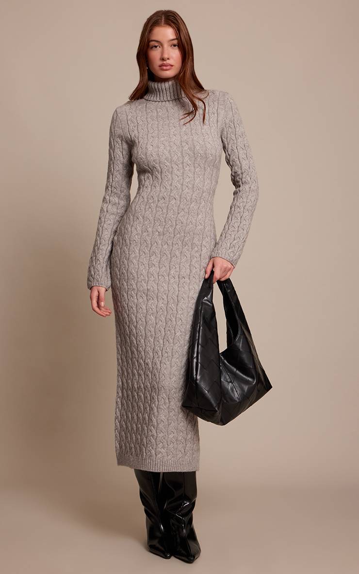 Gris Robe Synthétiquell Maxi Col Roulé En Maille Torsadée Épaisse