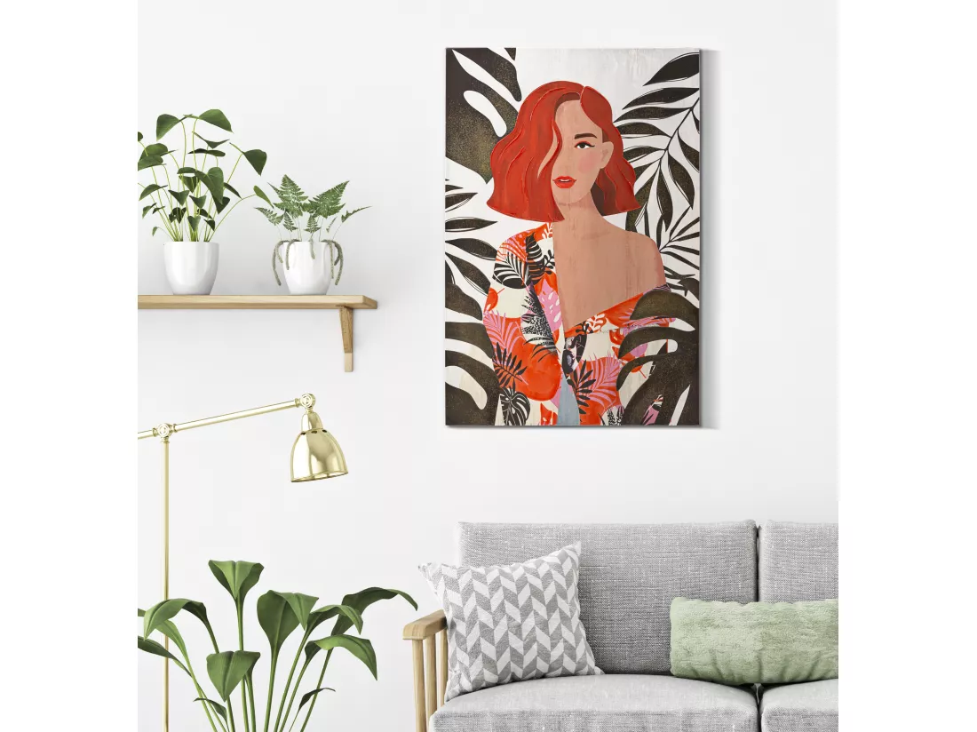 Tableau multicolore femme avec feuilles 80x2,8x120 cm