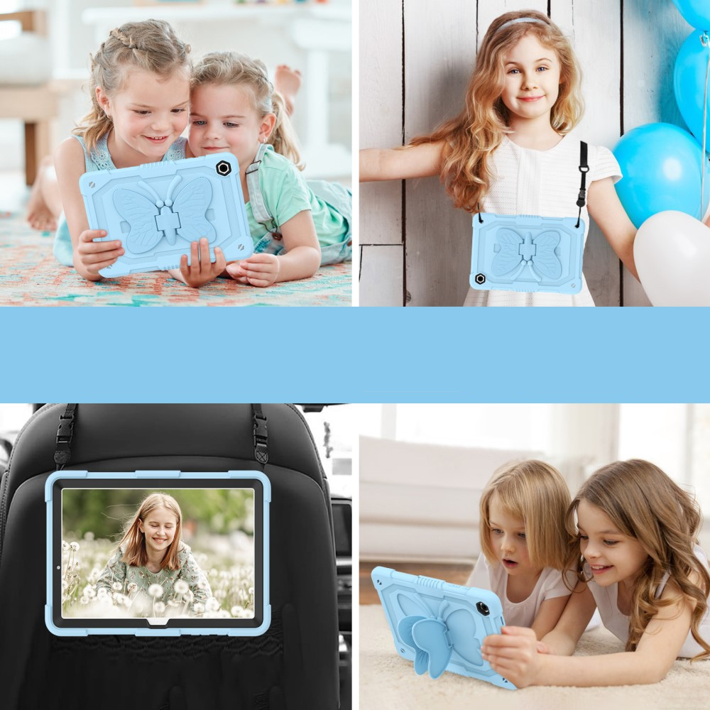 Samsung Galaxy Tab A9  Plus 2in1 Hybrid Outdoor Silikon Case Hülle mit Schmetterling Kickstand und Schultergurt - Hellblau