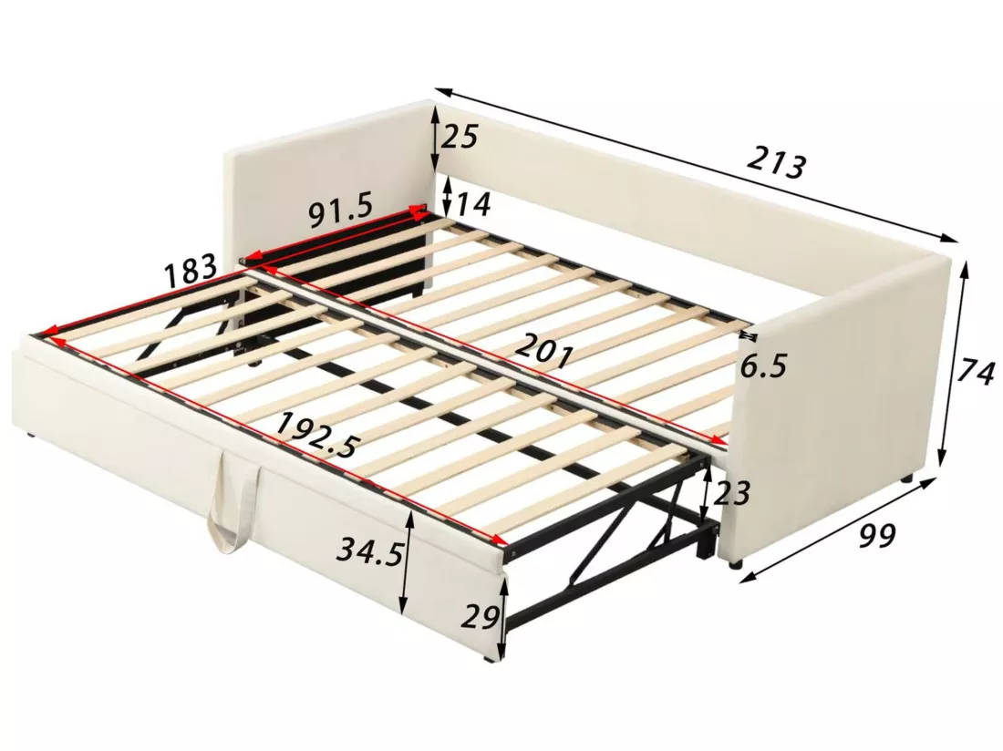 Lit gigogne en velours avec sommier à lattes - 90/180x200cm - Beige