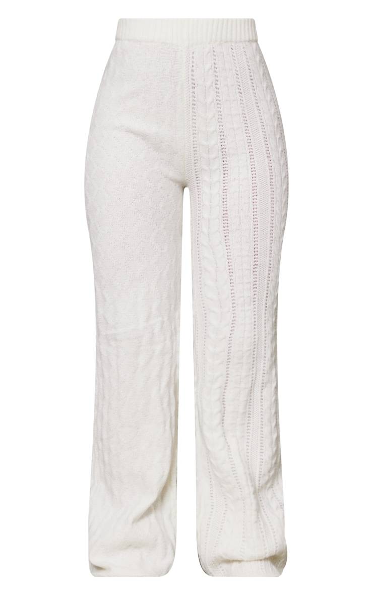 Crème Pantalon En Maille Torsadée Contrastée