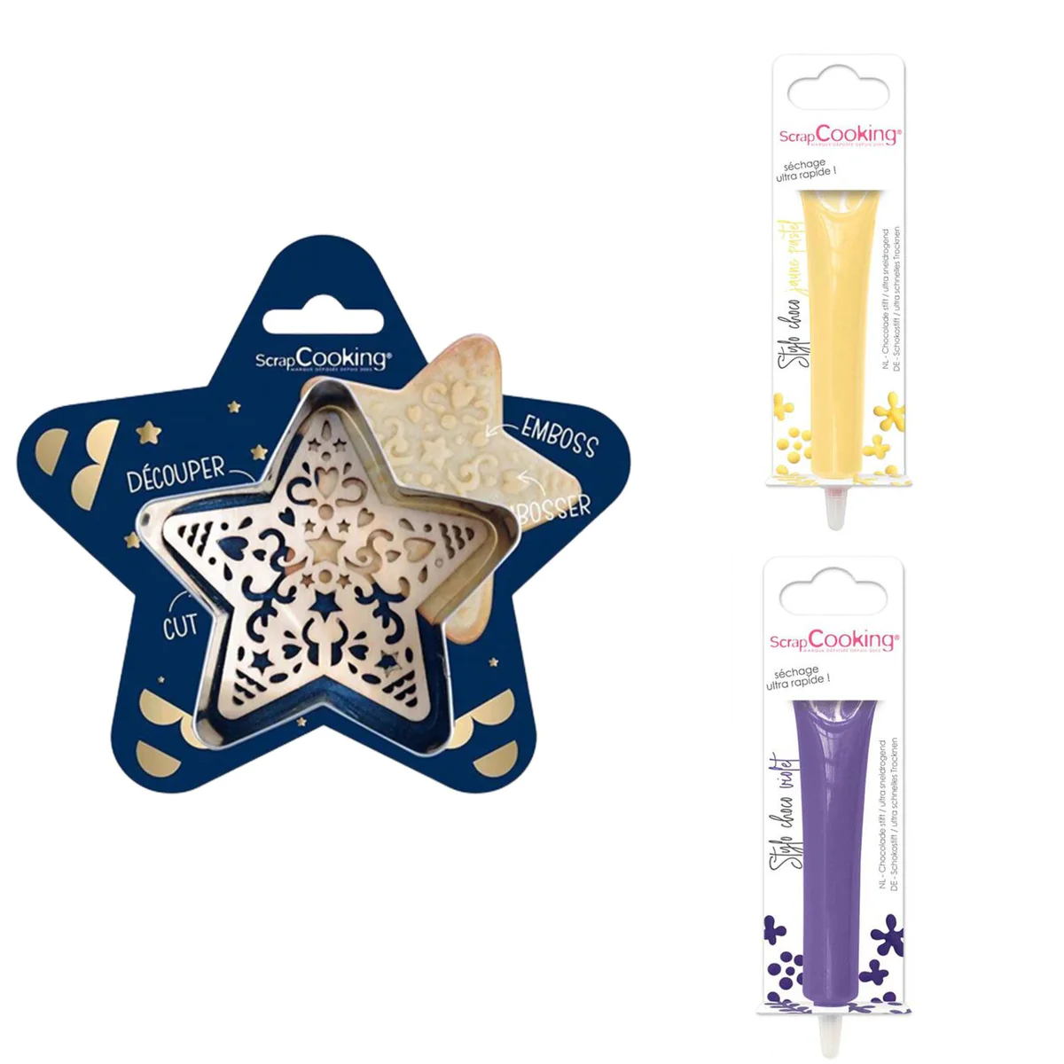 Kit pour biscuit en relief Étoile + 2 Stylos au chocolat jaune pastel