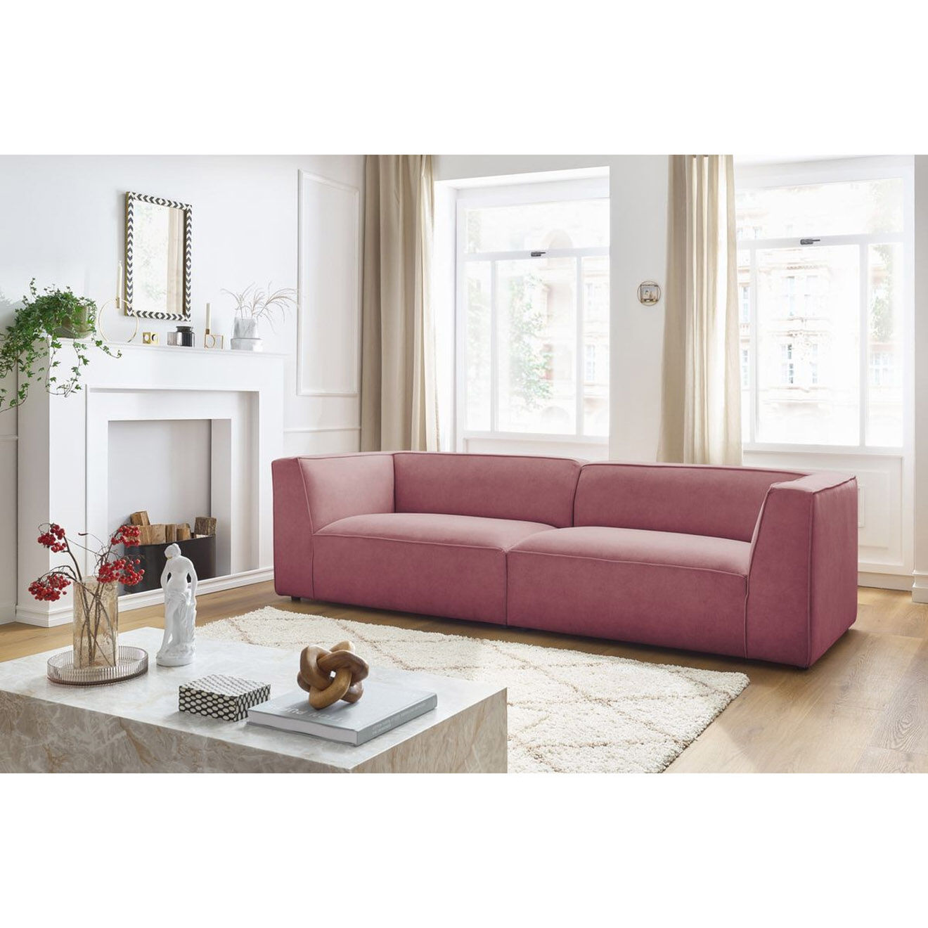 Bobochic Canapé droit fixe 4 places en Velours Molière rose - 273x99x71 cm