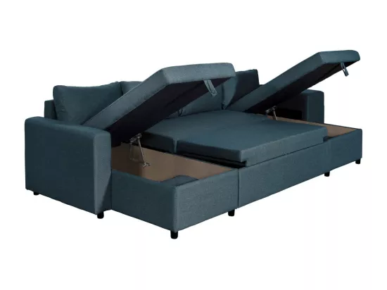 Canapé d'angle panoramique Oslo convertible avec coffres et poufs à droite - Tissu - Bleu pétrole - L311 x P146 x H81cm - Loungitude