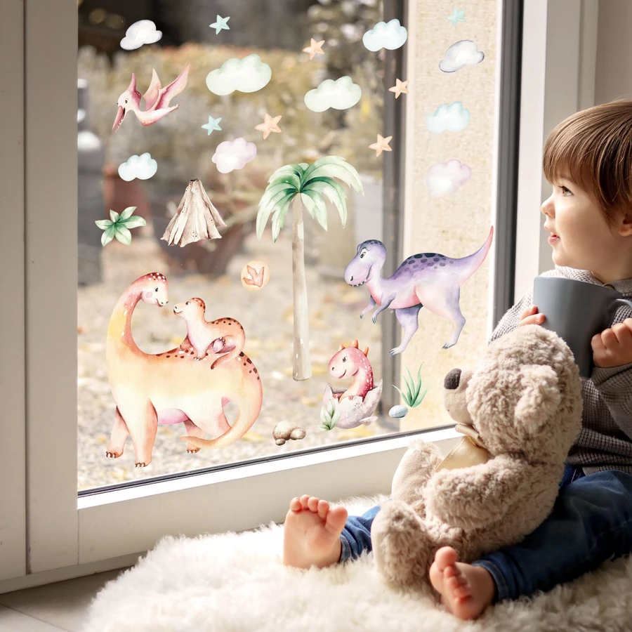 Nikima Fensterbilder Dinosaurier selbstklebend bunt