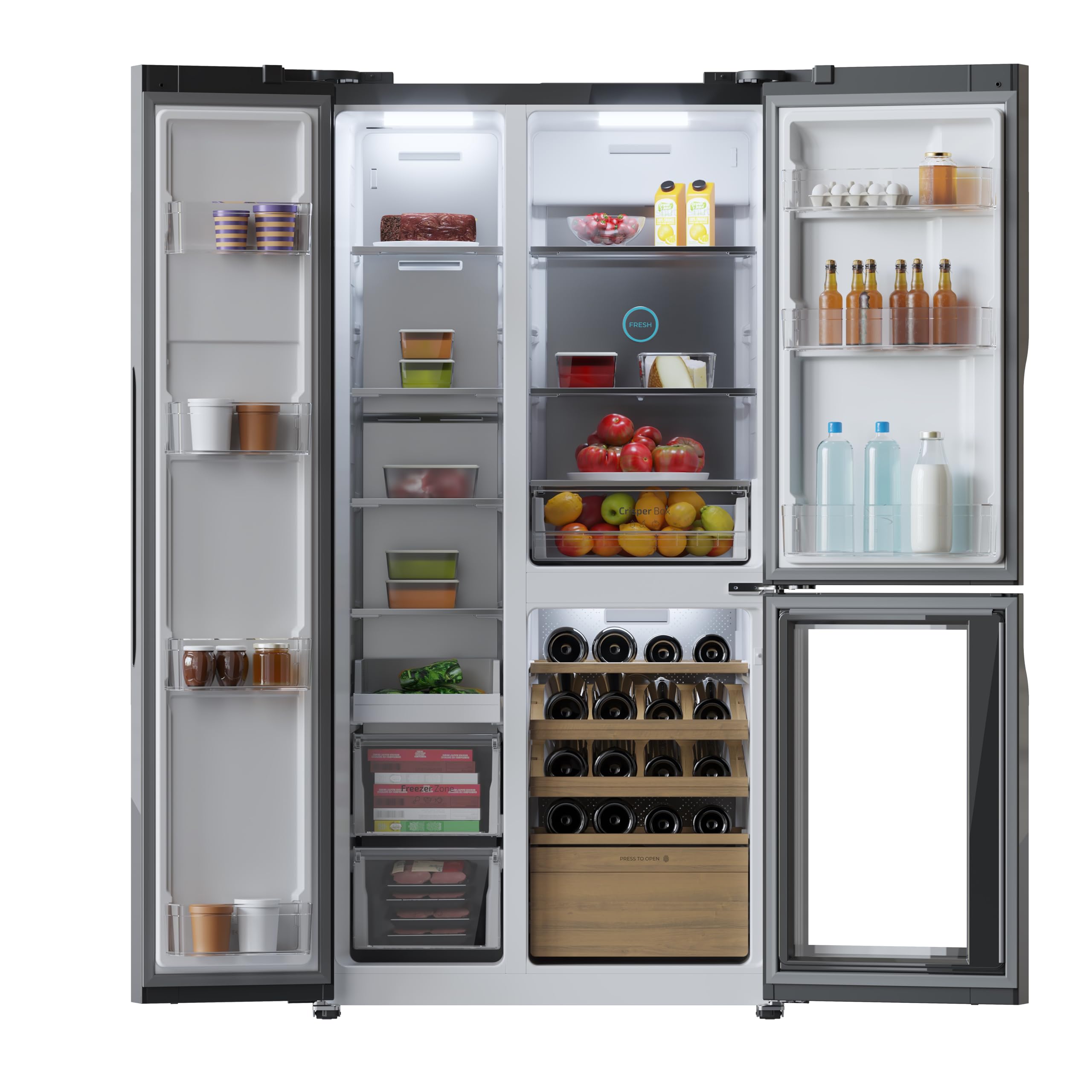 Cecotec Réfrigérateur 3 Portes Bolero CoolMarket TDW 548 Black Glass E, Classe E, 548L, Design T Door, Compresseur Inverter Plus, Total No Frost, Meta
