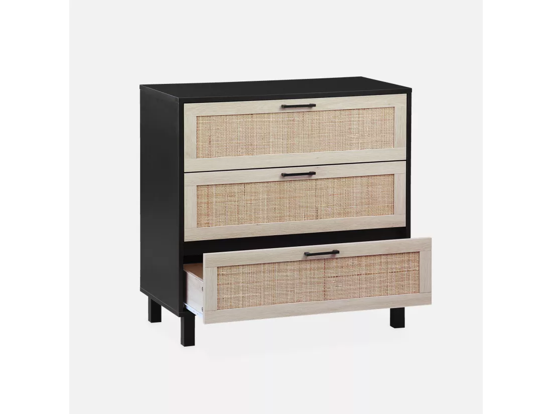 Commode noire et cannage 80 x 40 x 80cm - Bianca - 3 tiroirs