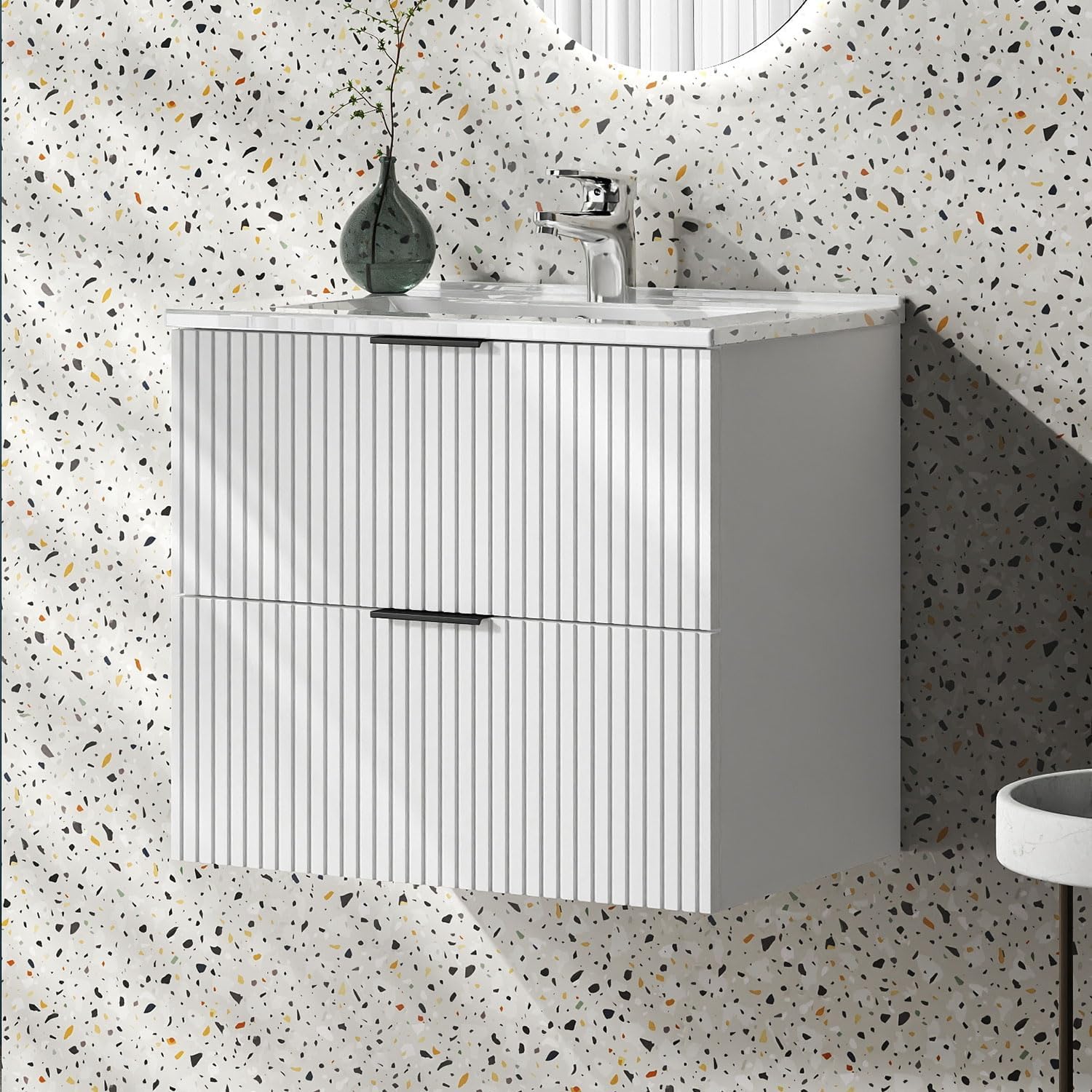 Aica Sanitär Waschtisch mit Unterschrank 60cm Riva Badmöbel Set Weiß Keramik Waschbecken mit Unterschrank MDF Softclose