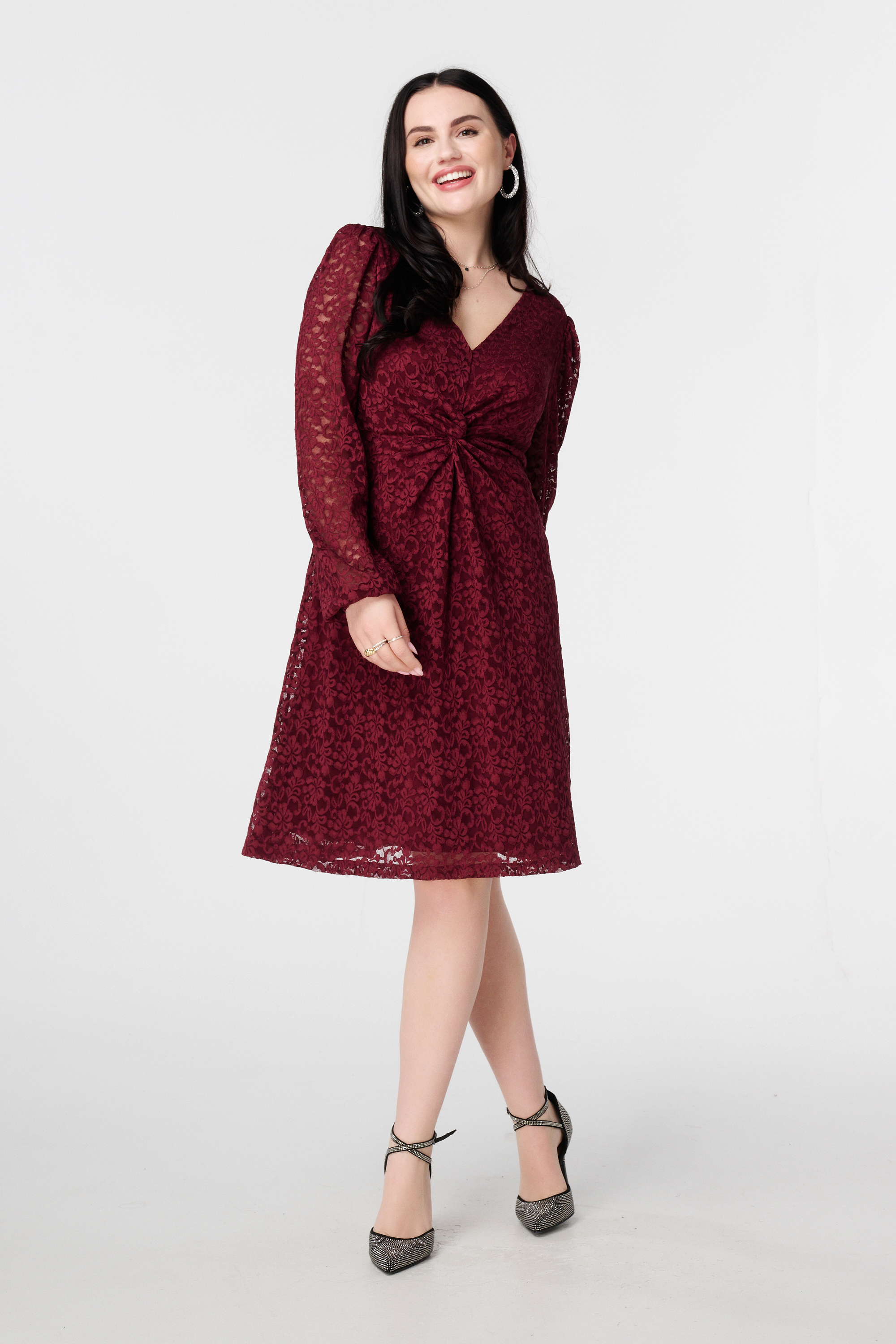 Jurk van kant met knoopdetail Donker rood