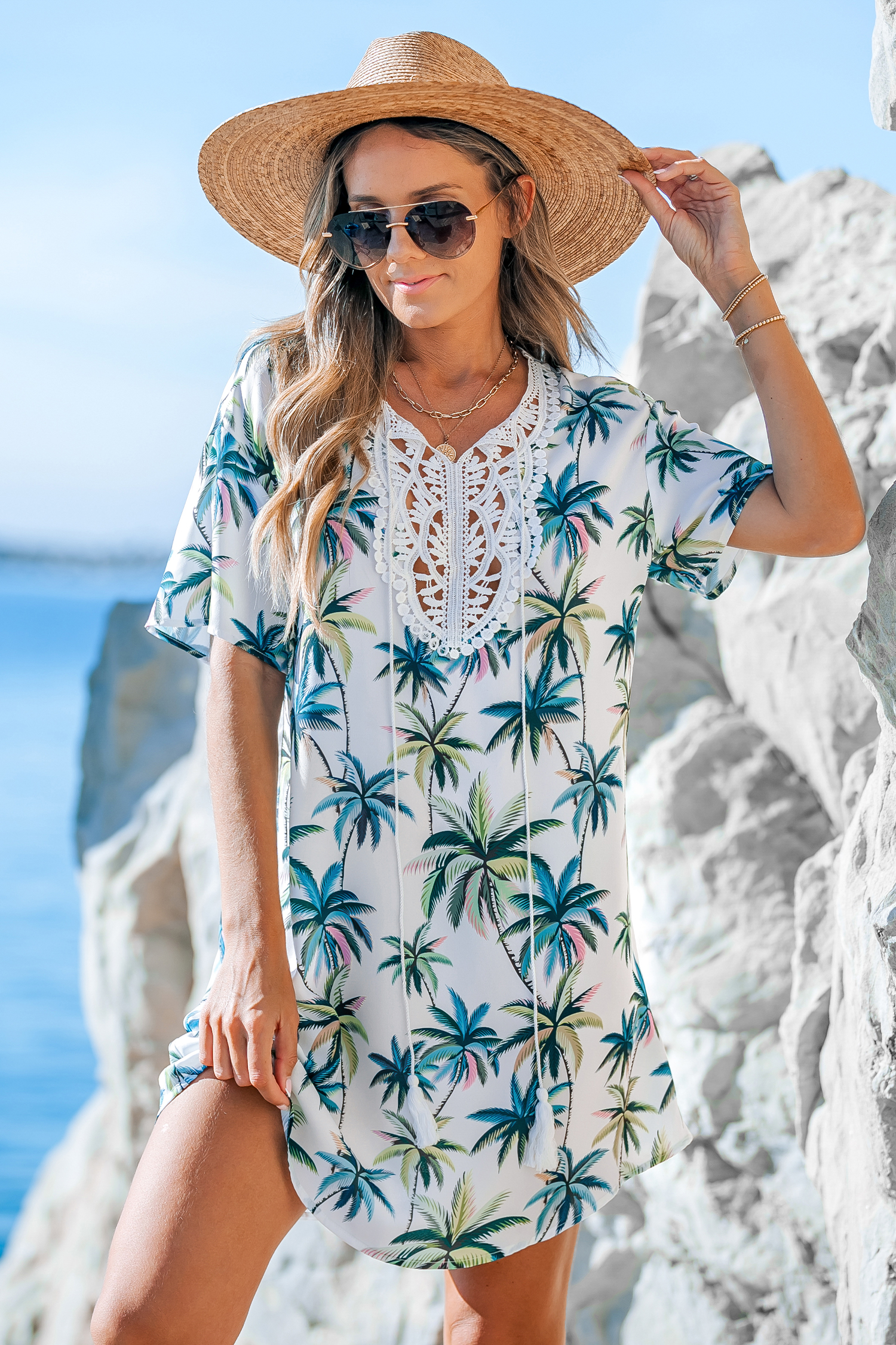 Robe mini cover up en dentelle à imprimé palmier