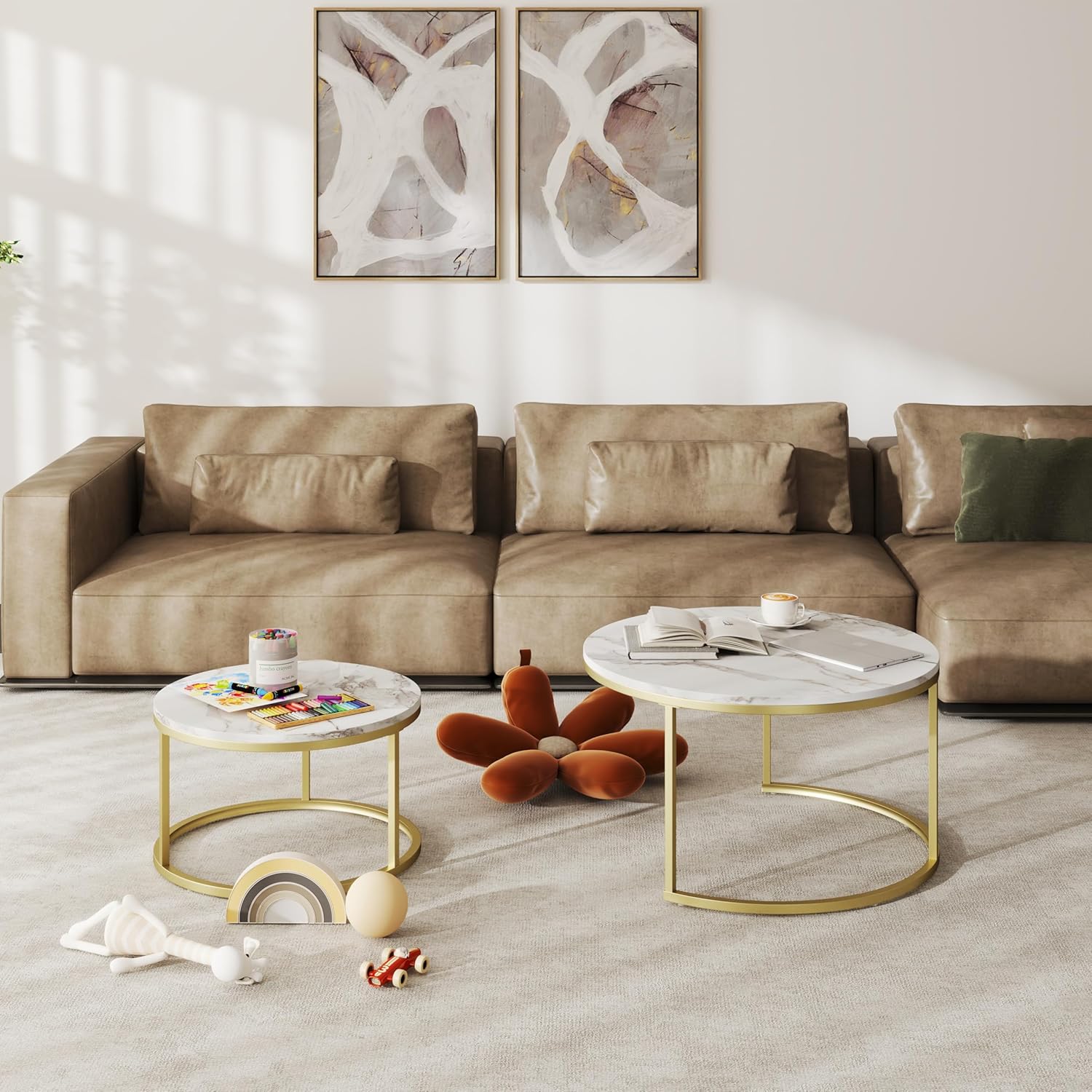 Couchtisch 2er Set, Marmor Couchtisch Gold, Wohnzimmertisch Weiß, Couchtische Rund, Tisch Wohnzimmer Modern,80 x 80 cm & 60 x 60 cm