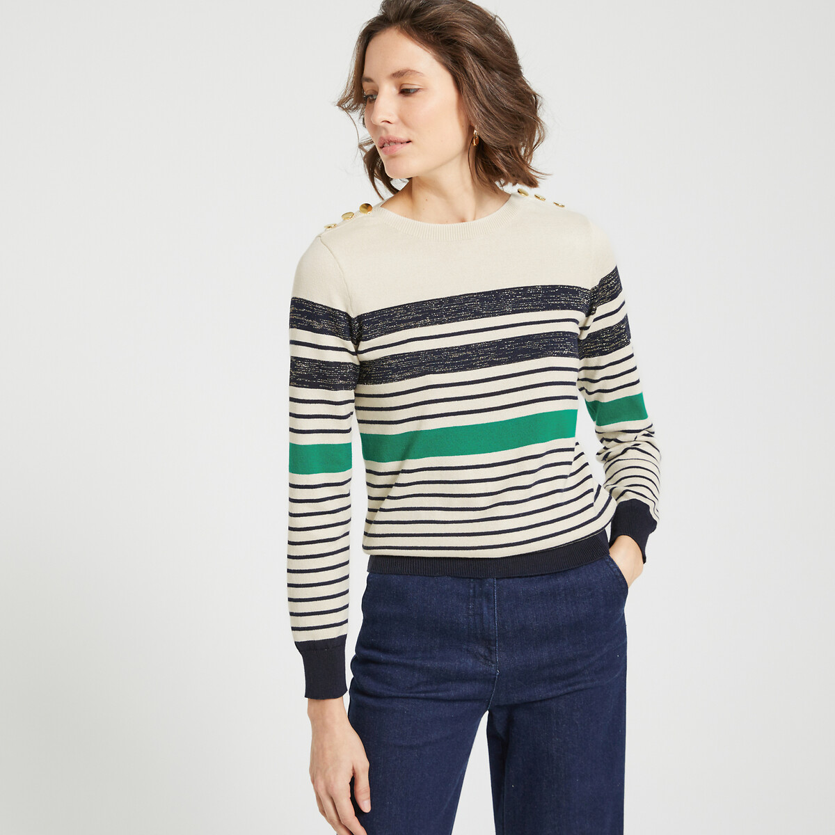 ANNE WEYBURN<br>Suéter listrado de gola redonda, tricô fino