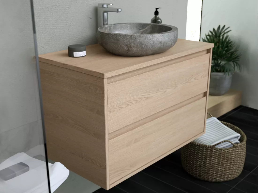 Meuble de salle de bain avec vasque à poser en pierre - Placage chêne - 80 cm - MILIPAM
