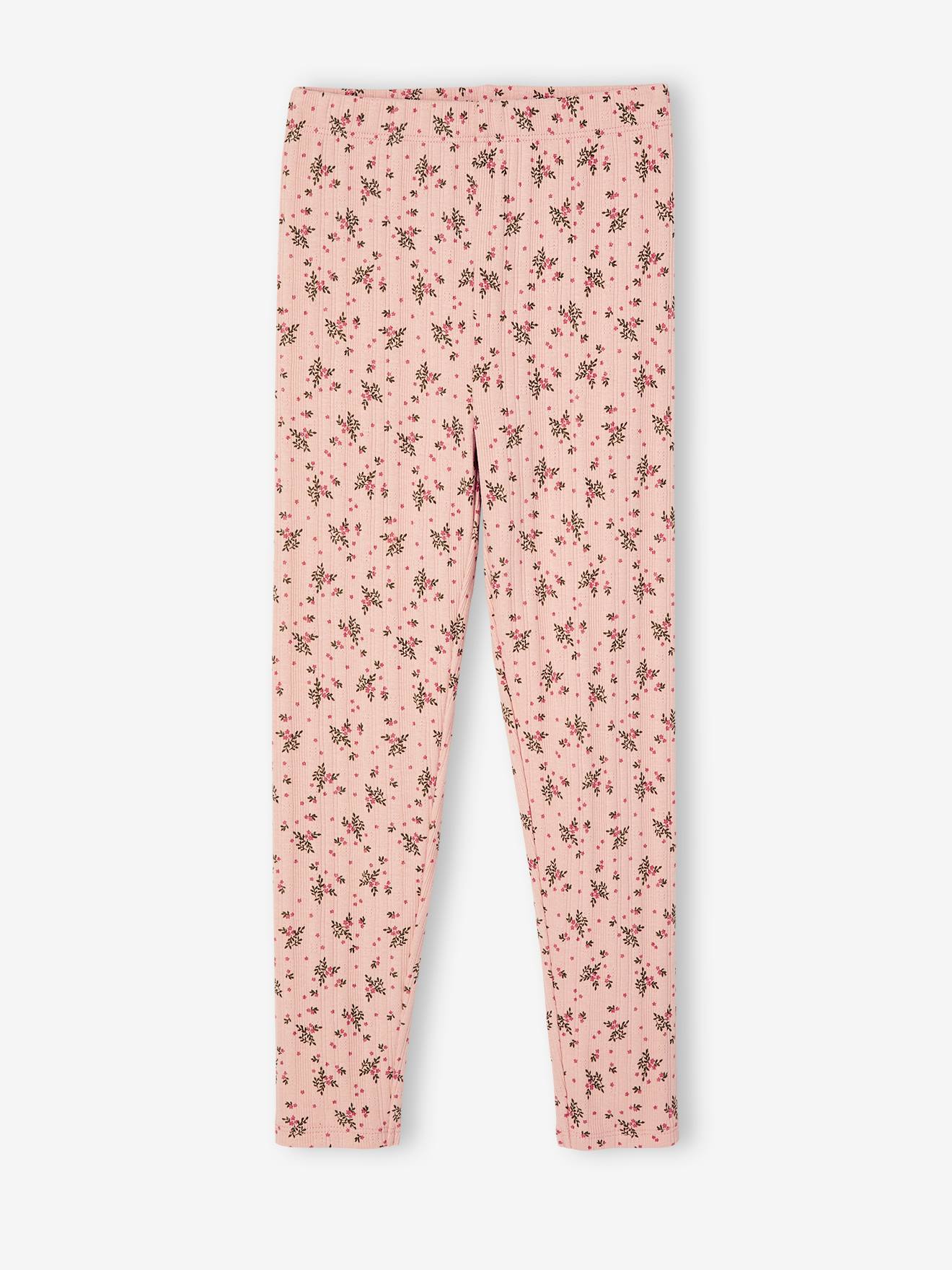 Leggings com estampa floral e tricô vazado para meninas, cor rosa.