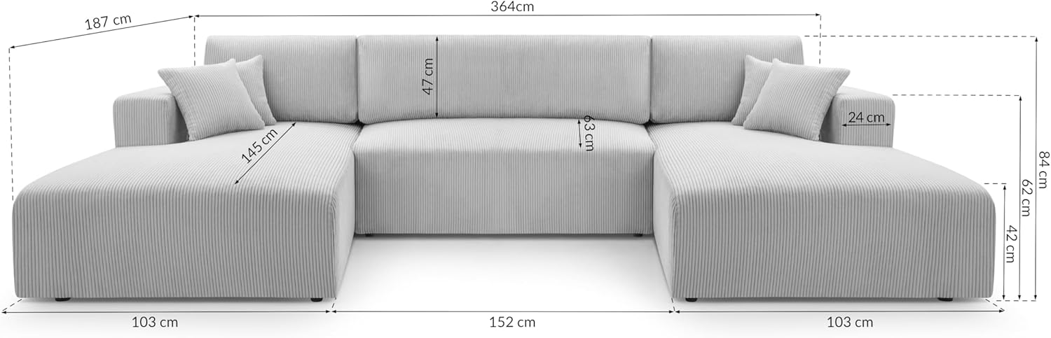 Ecksofa Weiß mit Schlaffunktion – Catea U Cord Wohnlandschaft 364 cm