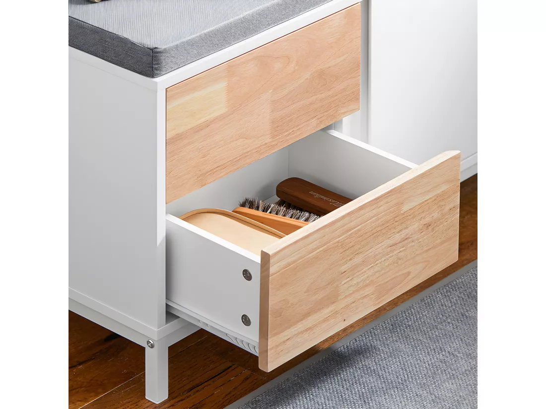 SoBuy Banc à Chaussures, Banc de Rangement avec Coussin rembourré, Meuble Bas Entrée sur Pieds avec 1 Porte et 2 Tiroirs, 80 x 30 x 51 cm, FSR167-WN