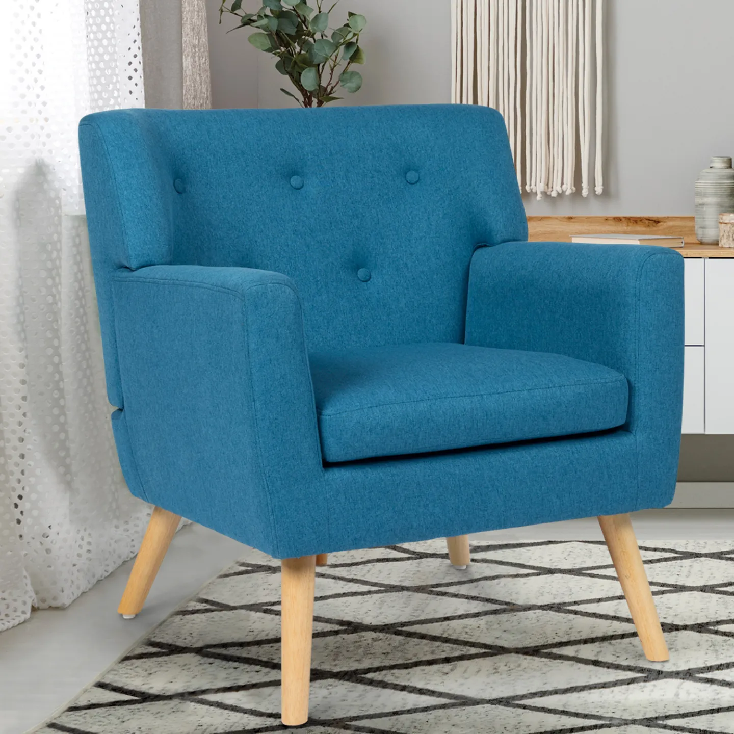 Fauteuil scandinave LIV en tissu bleu canard