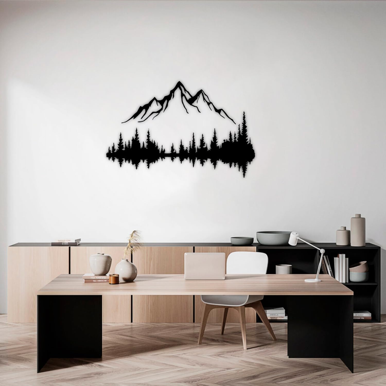 Metall Wandkunst Berg und Wald Metall Wanddekoration, große Wandskulptur für rustikales Zuhause, Innen und Außenbereich, Moderne Deko, Bilder für Zuhause Büro Wohnzimmer (Berg 2, Groß, Black/Black)