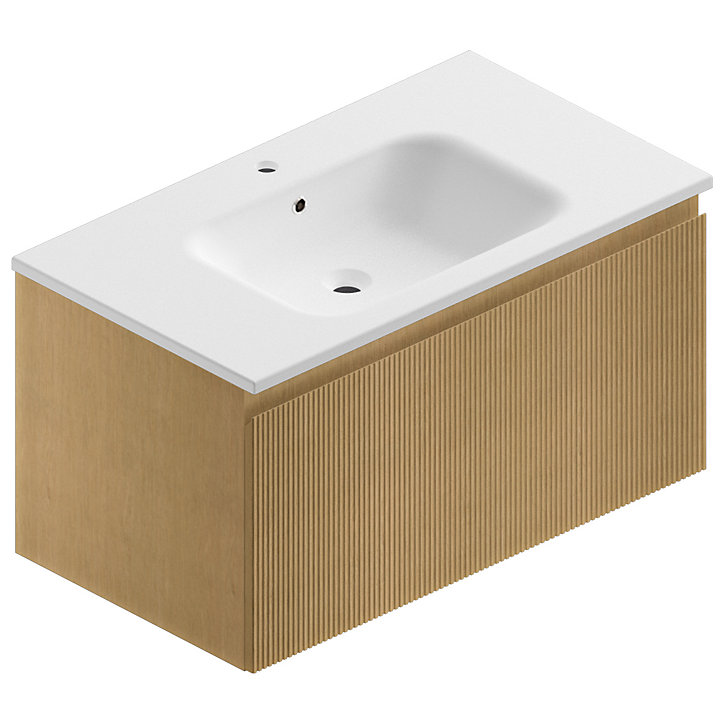 Meuble sous vasque à suspendre Pura placage chêne clair strié 90 cm + Plan vasque en résine blanc mat