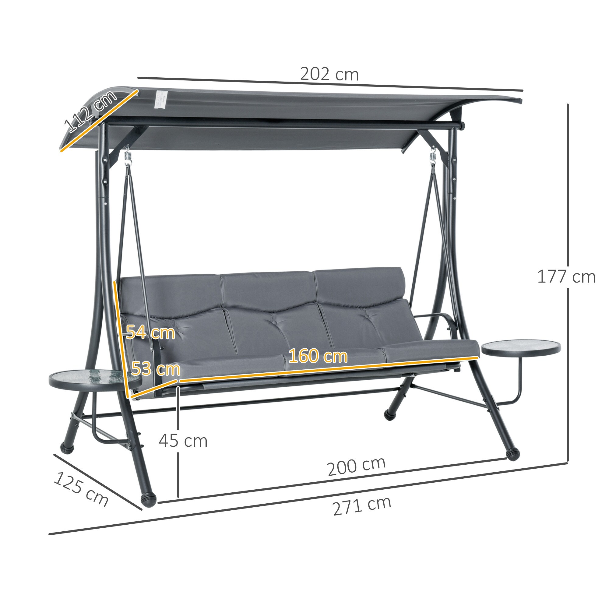 Outsunny 3-Sitzer Hollywoodschaukel mit verstellbarem Sonnendach grau, schwarz 278 x 125 x 177 cm (BxTxH)