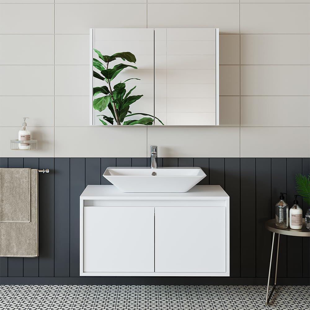 • Badmöbel Set • Atlantic • 3-teilig • Keramik Waschbecken mit Unterschrank 65 cm, 85 cm, 100 cm, Spiegelschrank 80 cm (Weiß, 85 cm)