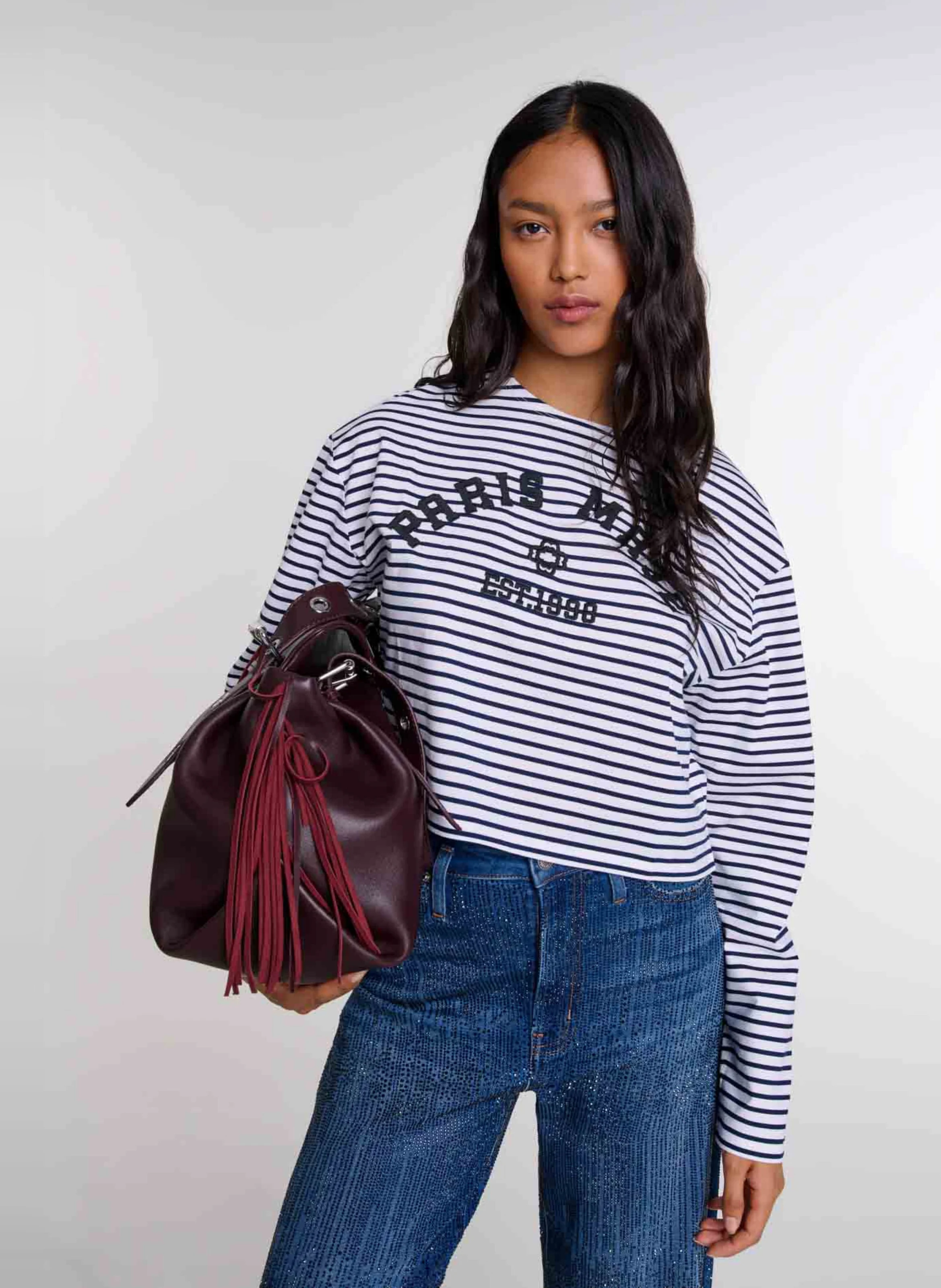 Tee-shirt col rond droit en coton rayé | Bleu