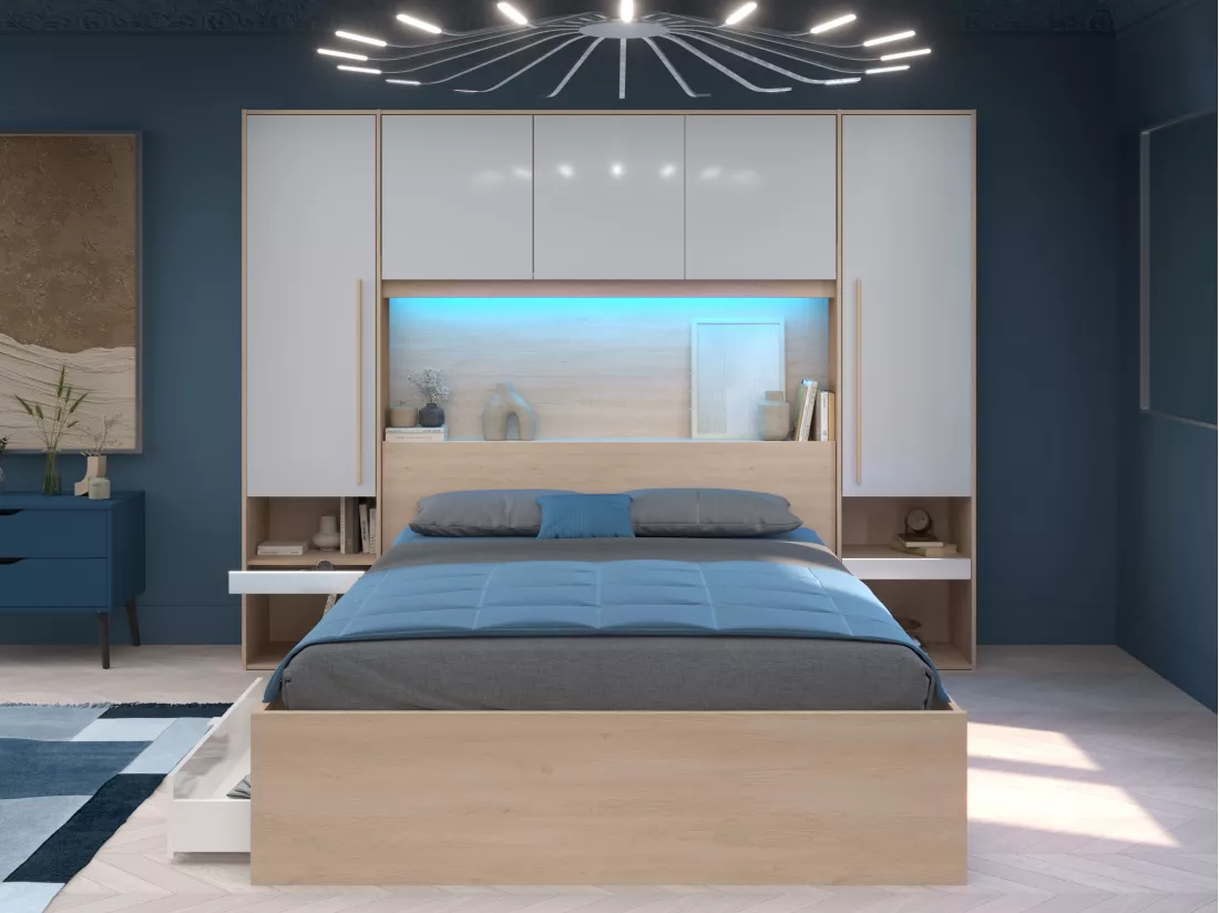 Lit pont 160 x 200 cm avec rangements - avec LEDs - Coloris : Naturel et blanc brillant + Sommier + Matelas - VELONA