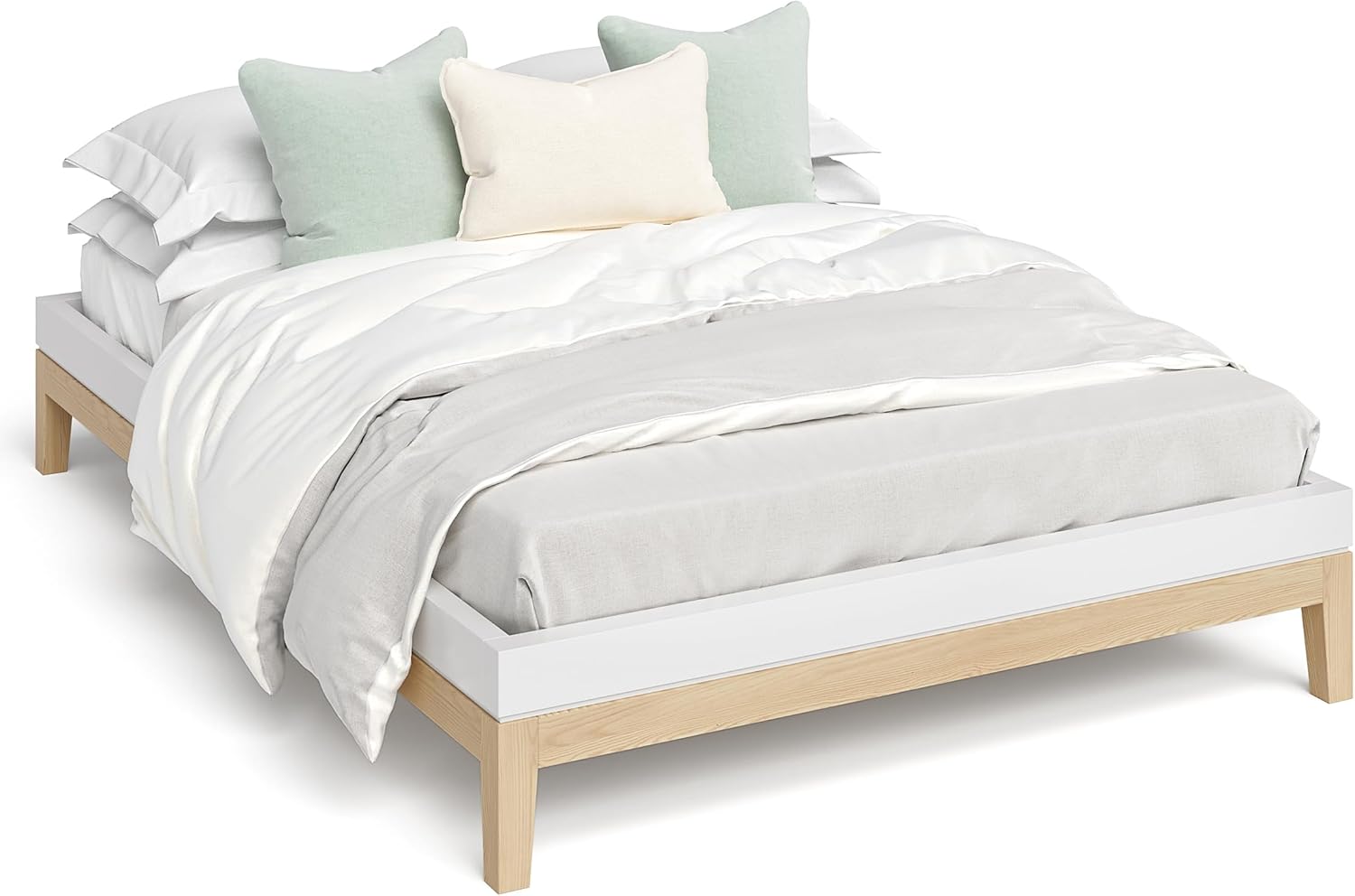 skølm Freyr Bett 140x200 cm, Holzbett weiß/Natur Scandi Style, Doppelbett aus Birke Massivholz und MDF, Bettgestell ohne Kopfteil, Maße: H 32 x B 146 x T 206 cm – B-Ware